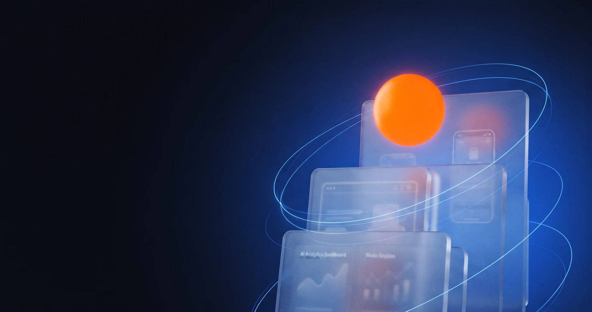 Orange orb orbiting glass panels showing an AI analytics dashboard