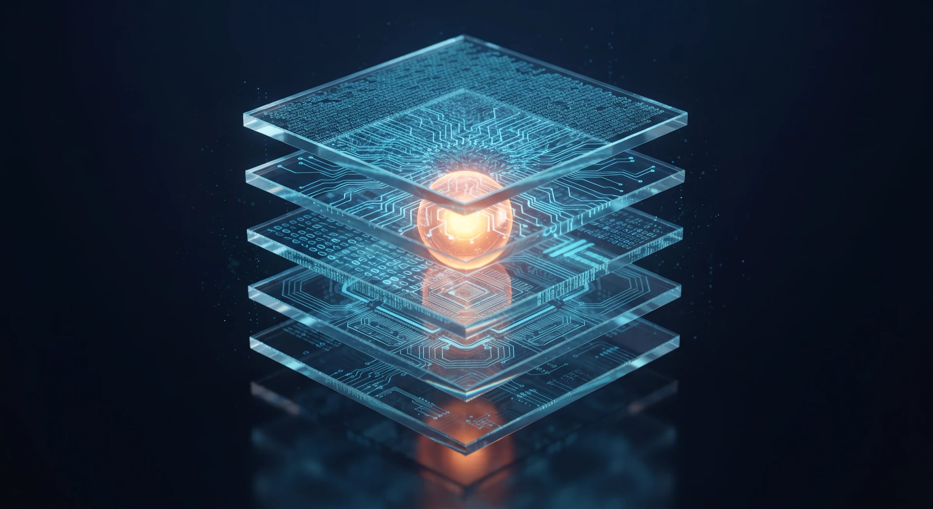 Glowing orange core inside stacked glass circuit layers