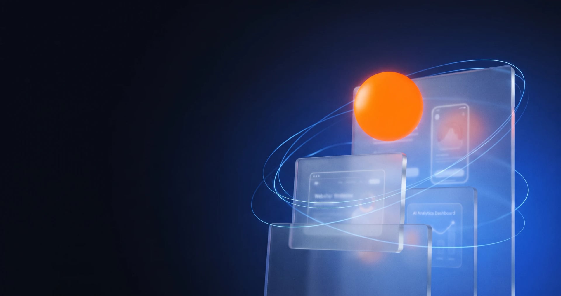 Orange orb orbiting glass dashboards and a phone screen