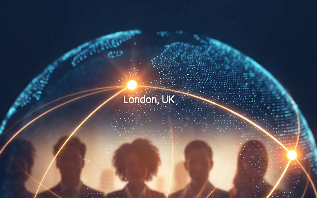 Digital globe with London highlighted on a glowing network