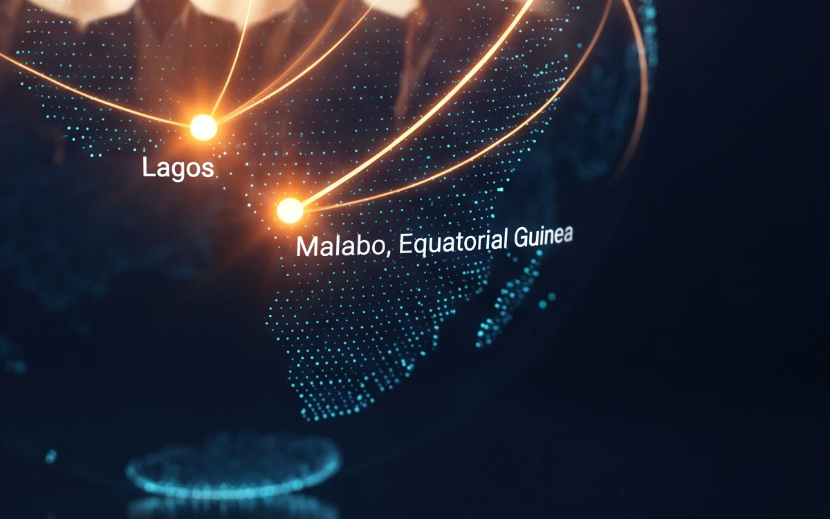 Digital globe with Malabo, Equatorial Guinea highlighted on a glowing network