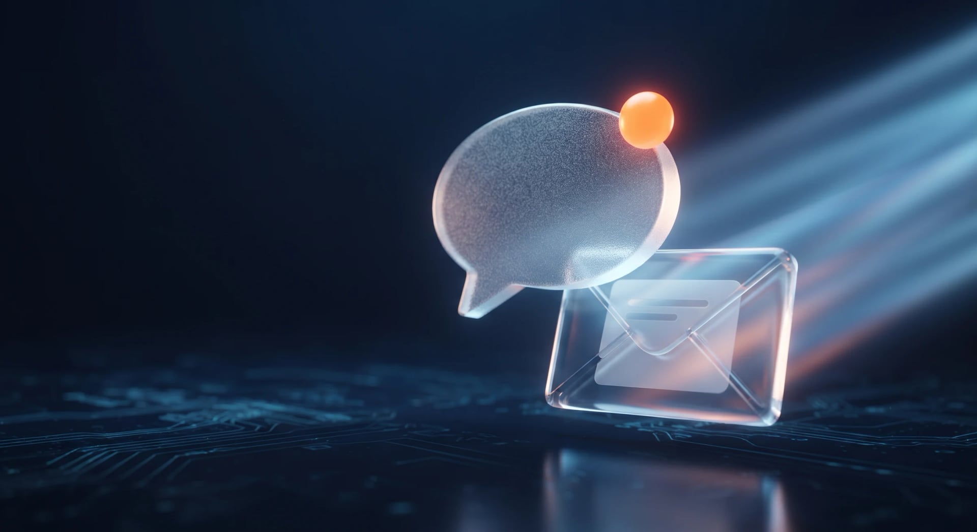 Glass speech bubble and envelope lit by a beam of light