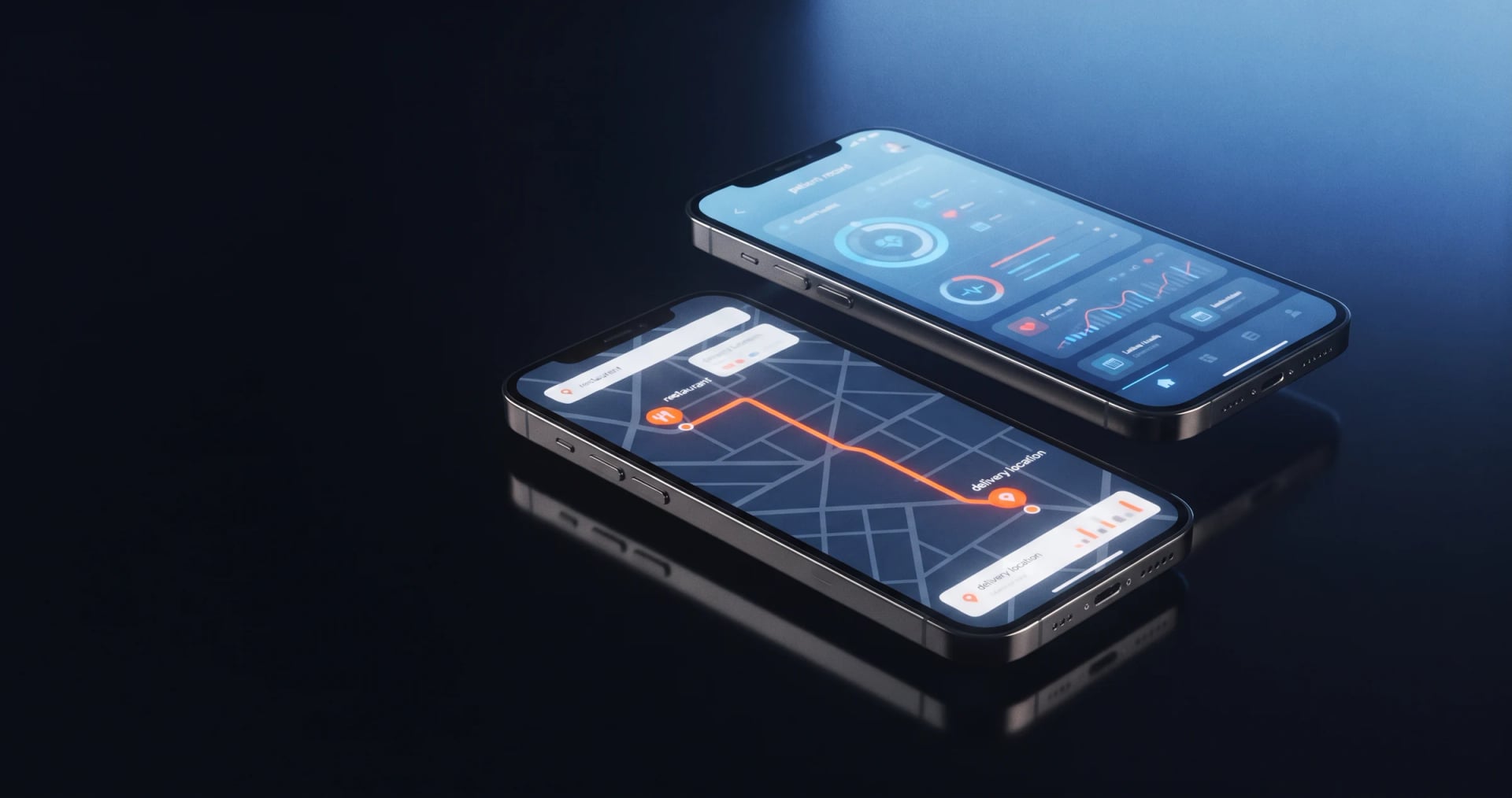 Smartphones showing a delivery route map and an order dashboard