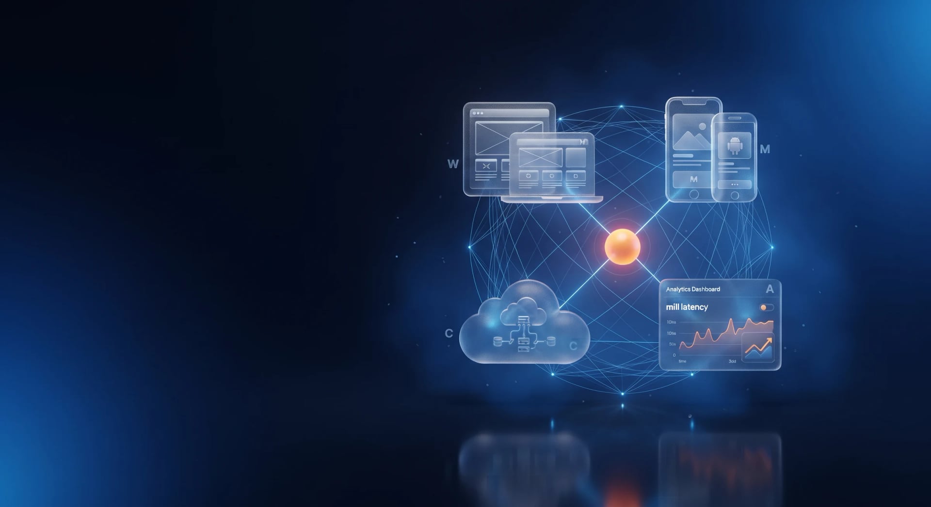 Paneles de web, móvil, nube y analítica unidos en una red luminosa