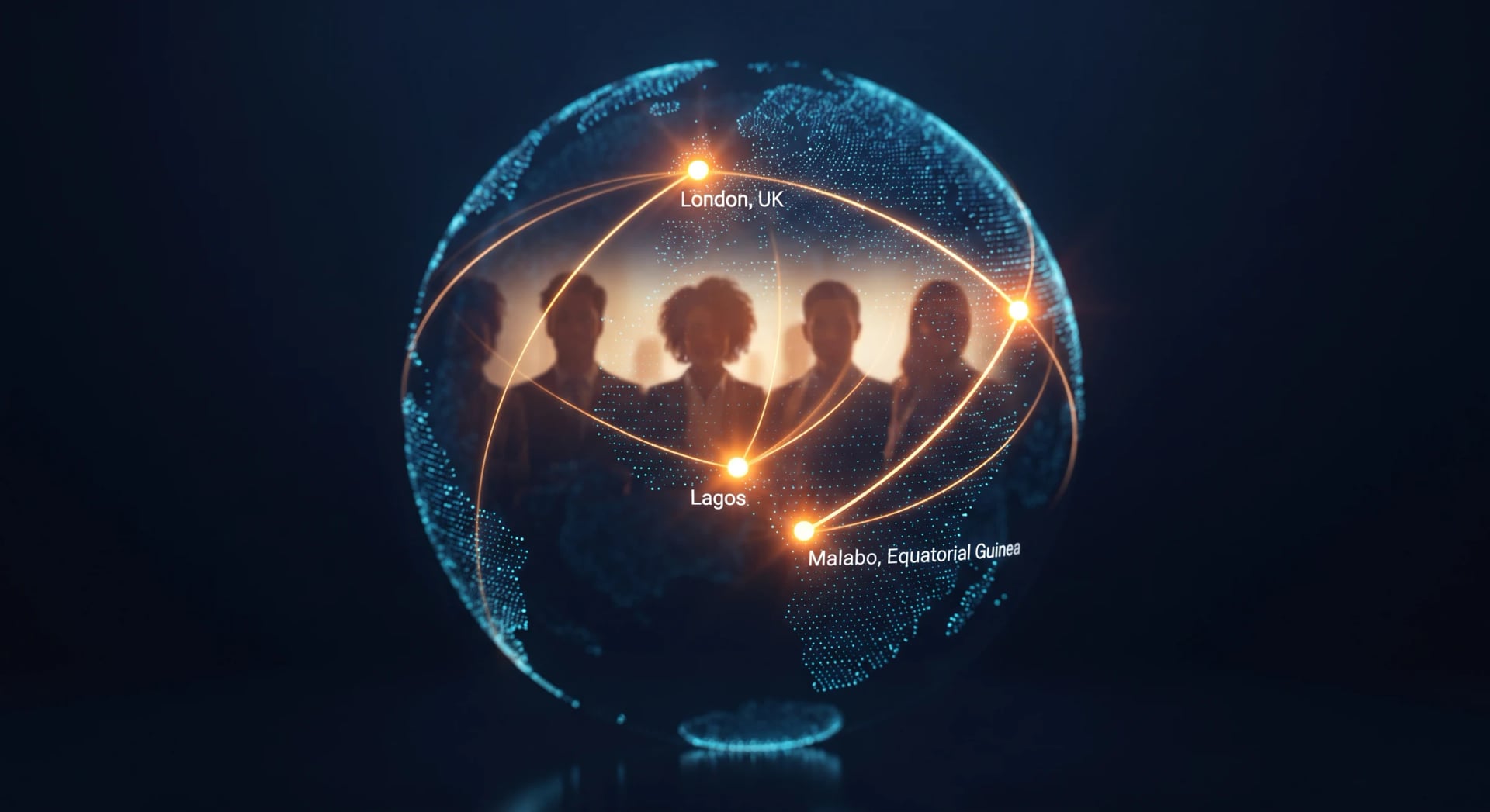 Team silhouettes inside a digital globe linking London, Lagos and Malabo