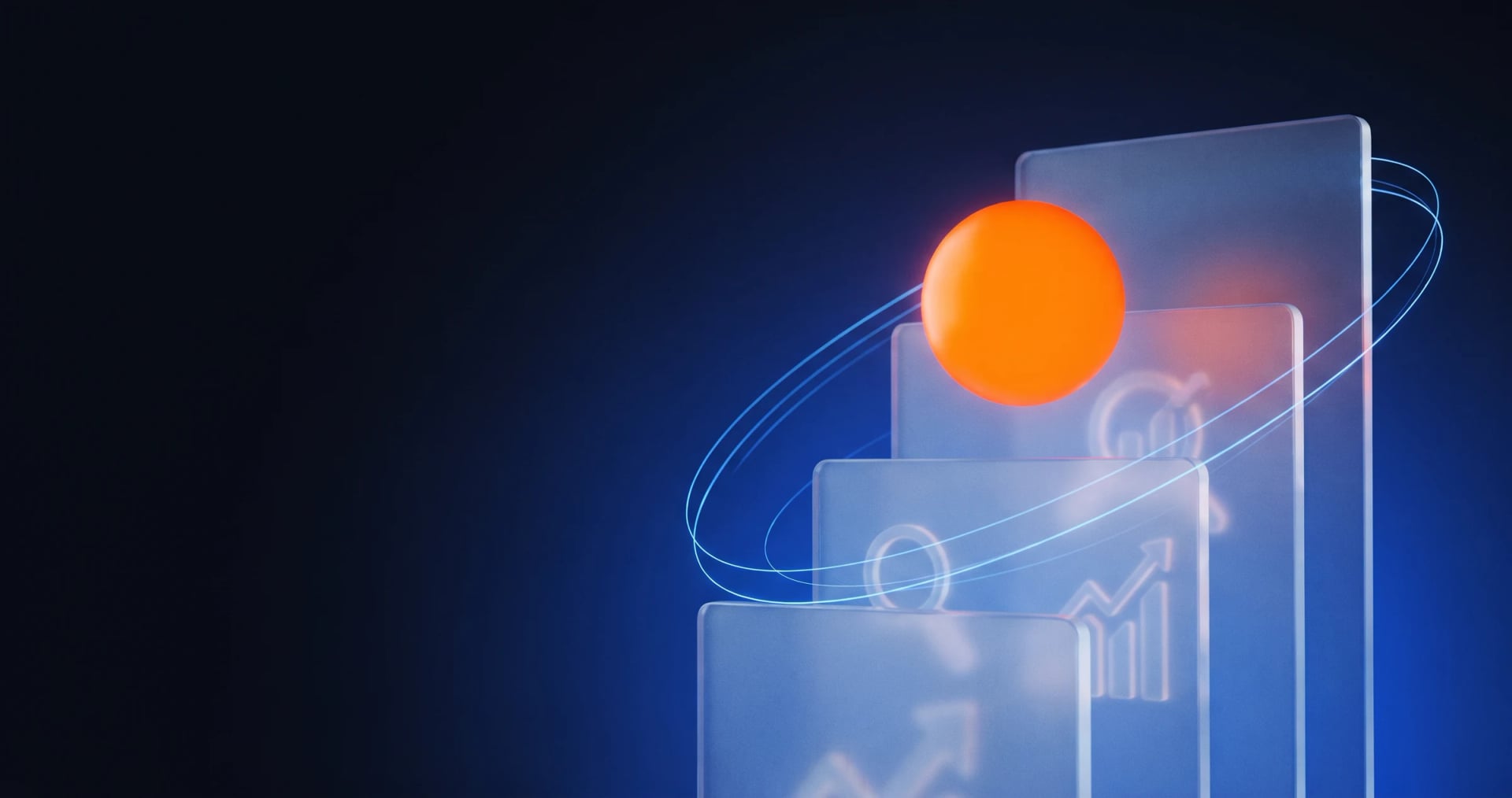 Glowing orange orb above glass panels with rising growth charts