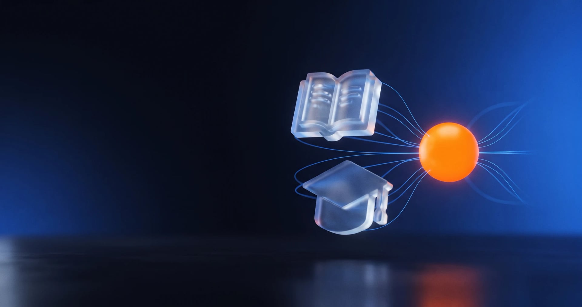 Glass book and graduation cap connected to a glowing orange orb