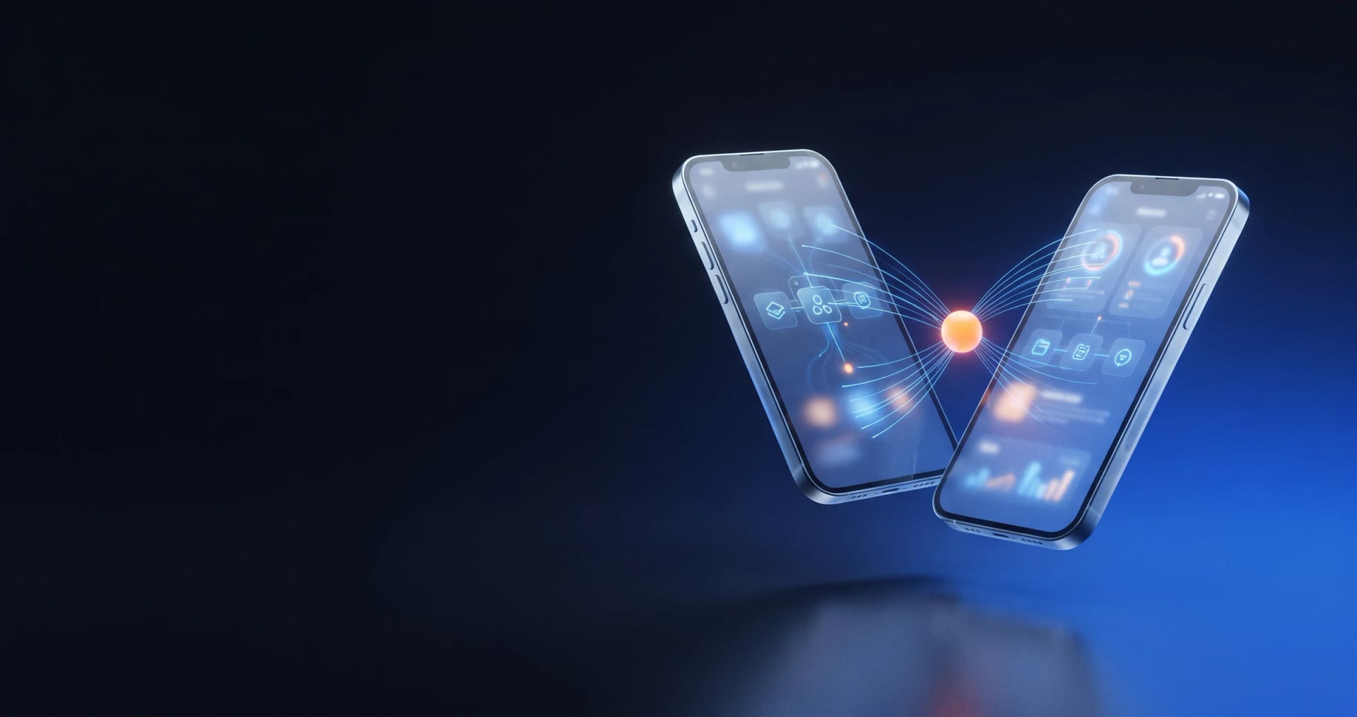 Deux smartphones en verre échangeant des données via une sphère lumineuse