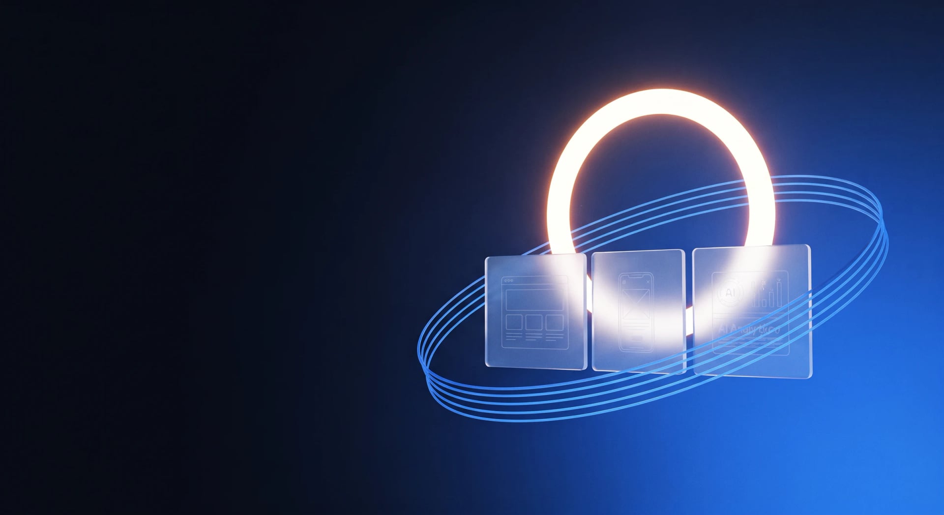 Glowing ring above glass app wireframe screens