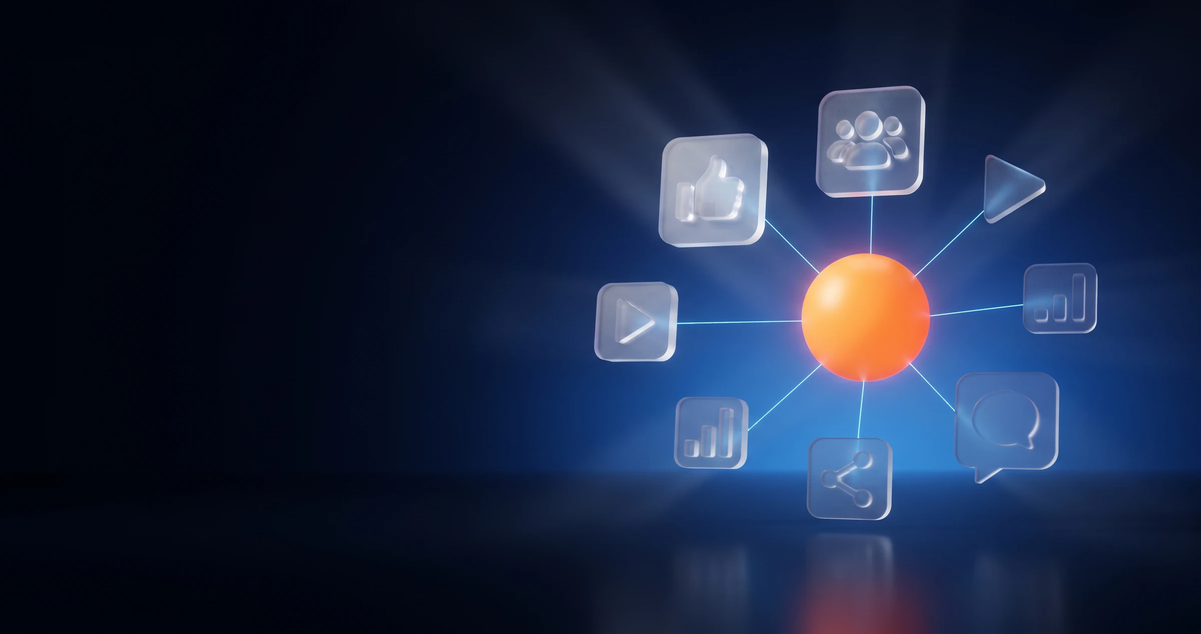 Social media icons for likes, video, sharing and messages around an orange orb