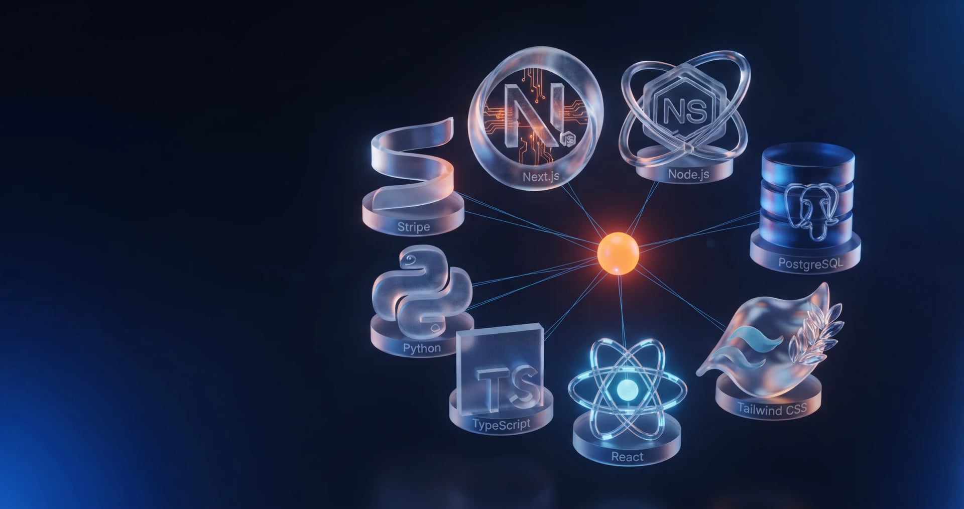 Glass logos of Next.js, Node.js, React, TypeScript, Python, PostgreSQL, Tailwind CSS and Stripe