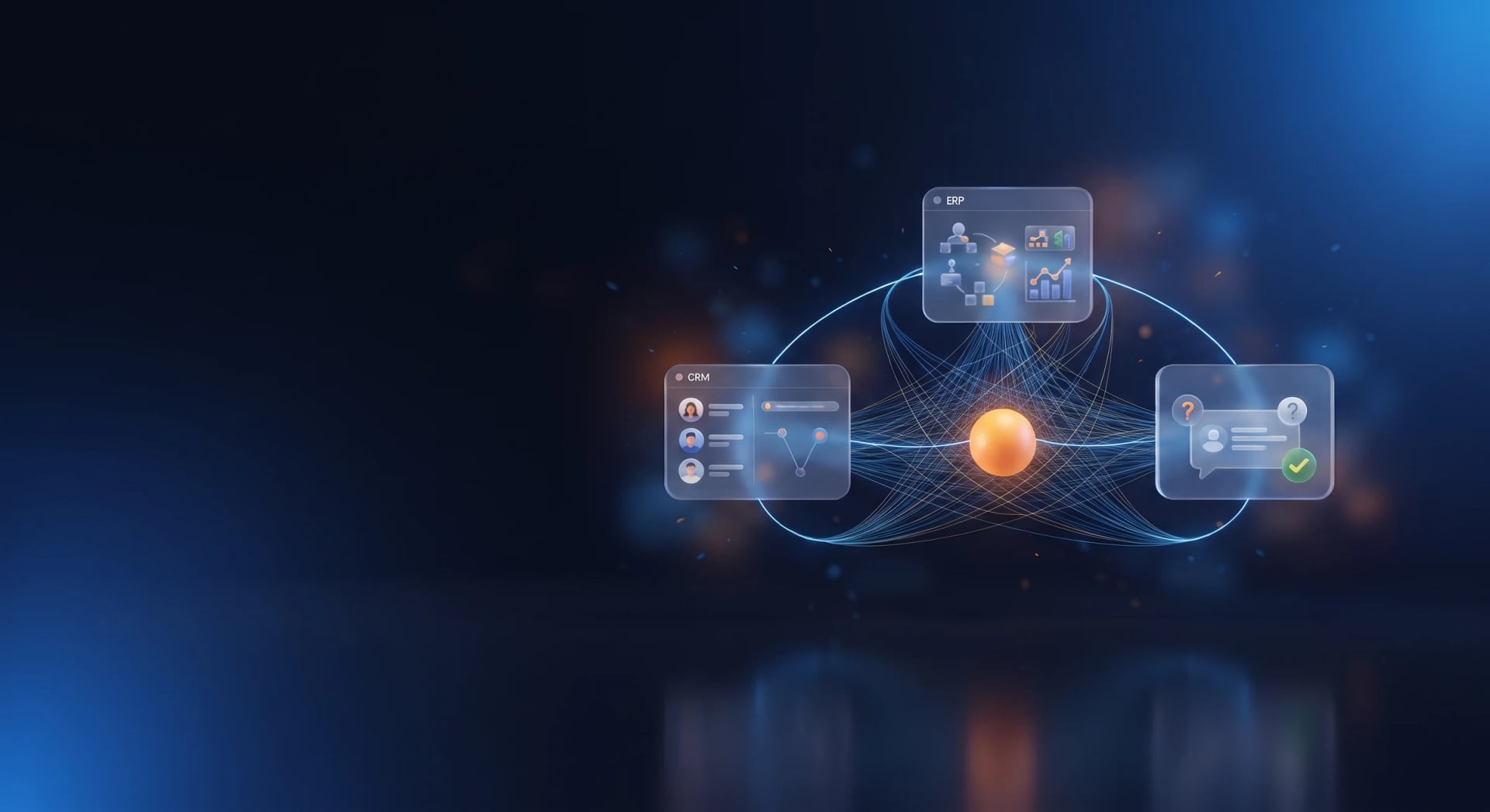 CRM, ERP and customer support panels connected through a glowing hub