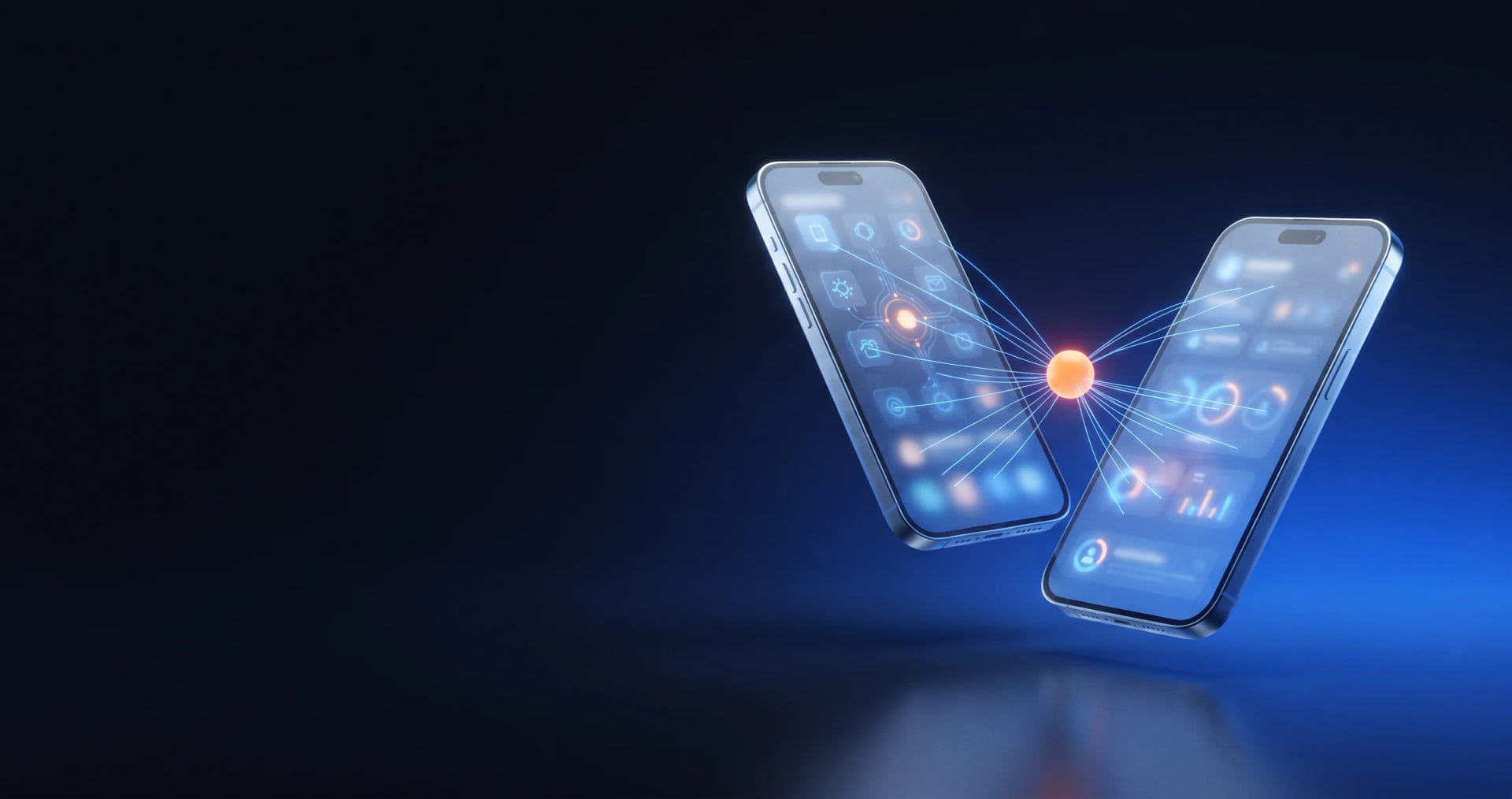 Dos smartphones de cristal unidos por haces de luz a una esfera luminosa