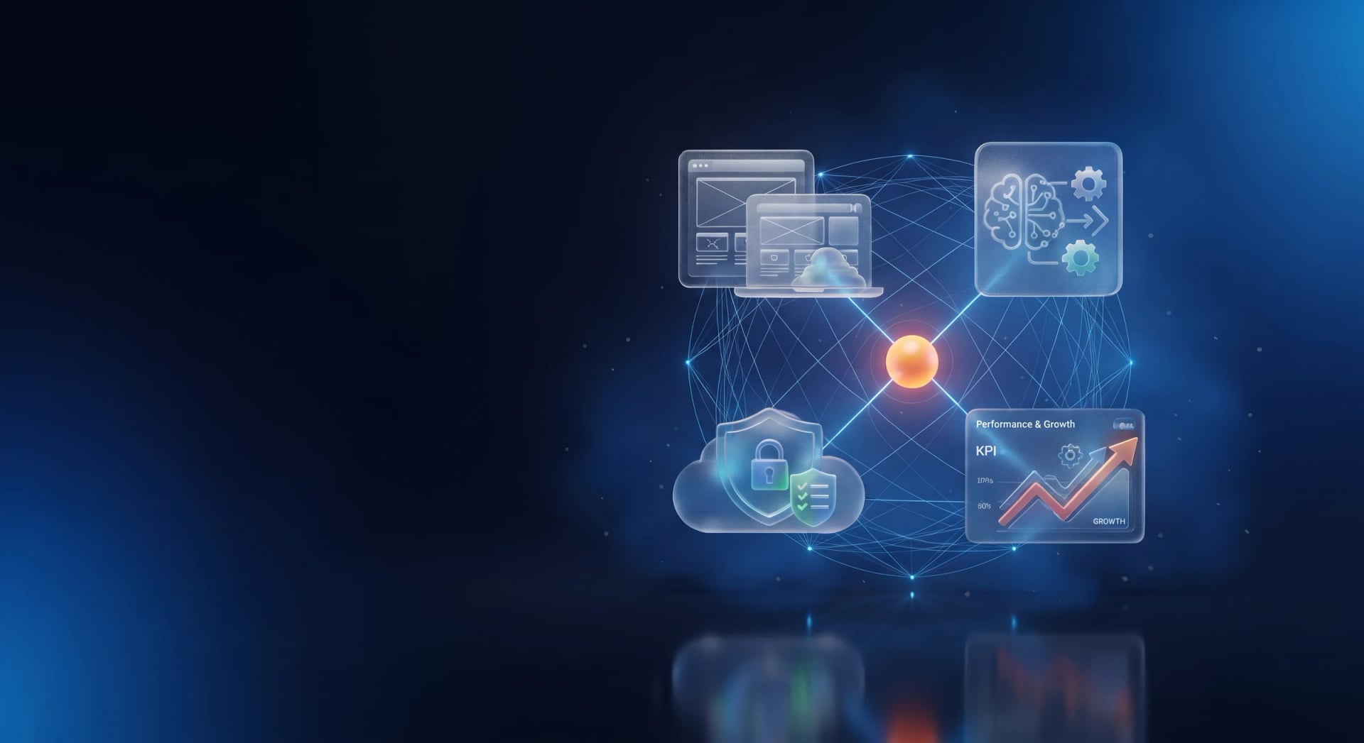 Paneles de cristal de web, IA, seguridad en la nube y crecimiento conectados a un núcleo luminoso